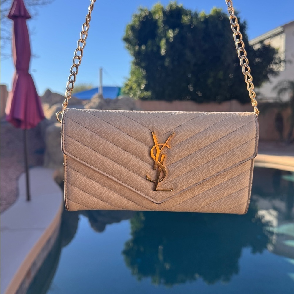 Authentic Yves Saint Laurent Cream Quilted Clutch with Gold Chain